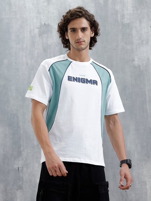wrogn mens white oversized colourblocked cotton t shirt