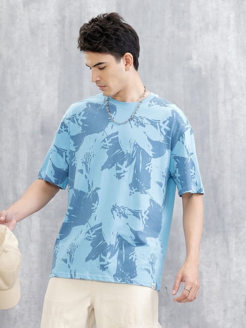 WROGN Mens Blue Oversized Printed Cotton T Shirt-picture-20