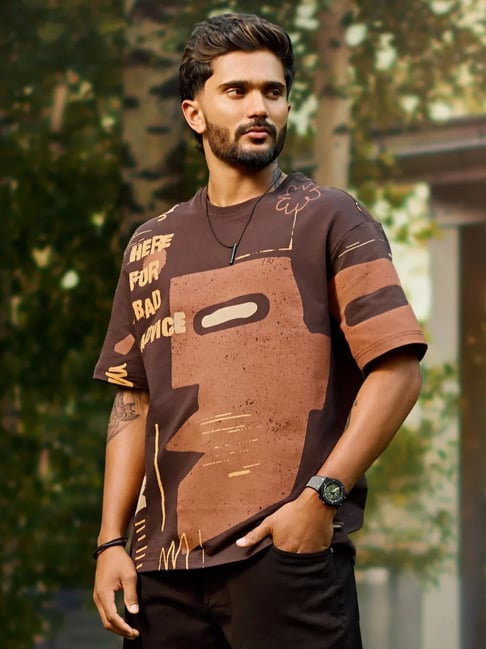 WROGN Mens Brown Oversized Printed T Shirt-picture-29