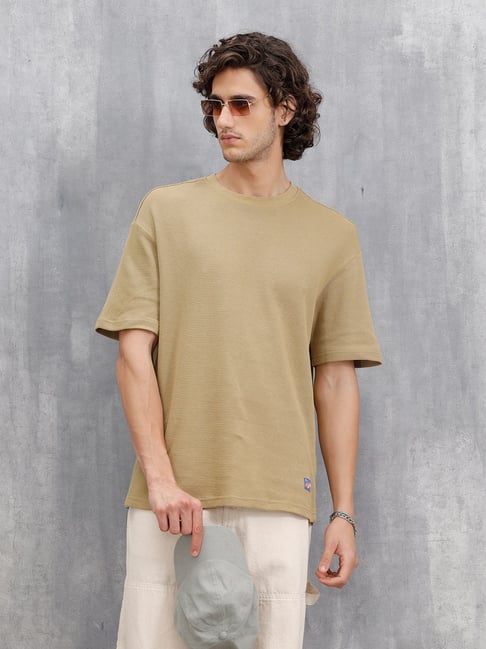 WROGN Mens Khaki Oversized Textured Cotton T Shirt-picture-12