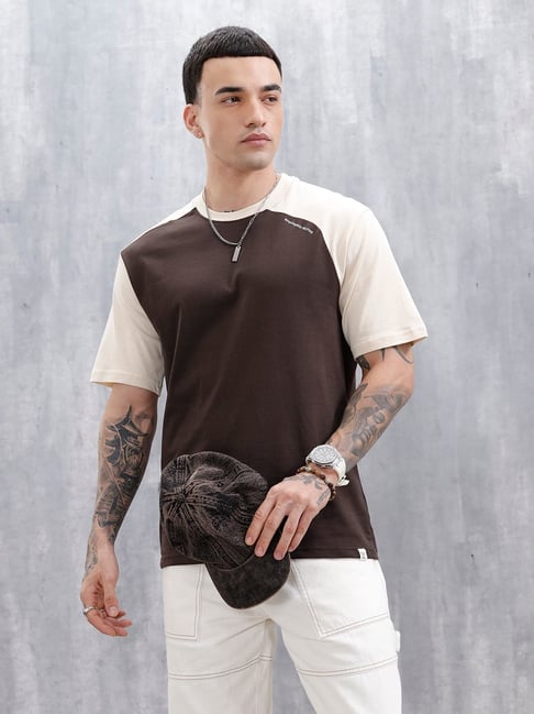 Wrogn Mens Brown Relaxed Colourblocked T Shirt-picture-42