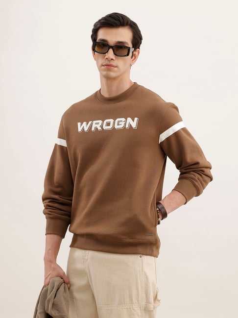 Wrogn Mens Brown Relaxed Printed Fleece Sweatshirt-picture-28