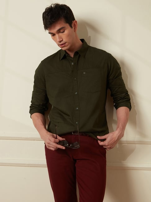 Wrogn Mens Olive Slim Colourblocked Shirt-picture-45