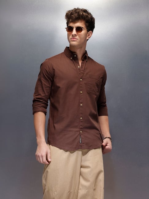 Wrogn Mens Brown Slim Solid Cotton Shirt-picture-22