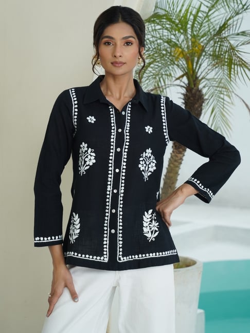 House Of Chikankari Women's Black Regular Fit Solid Cotton Shirt-picture-45