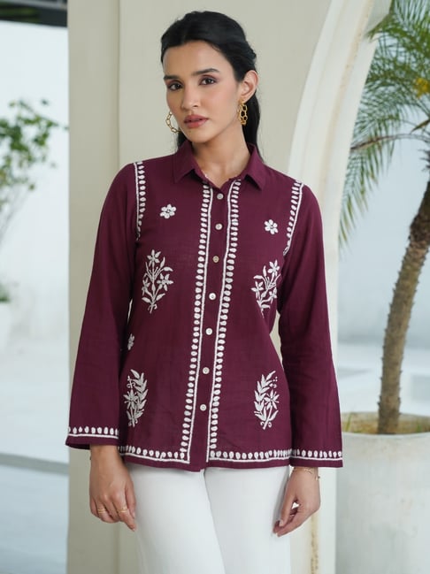 House Of Chikankari Women's Maroon Regular Fit Solid Cotton Short Shirt-picture-12