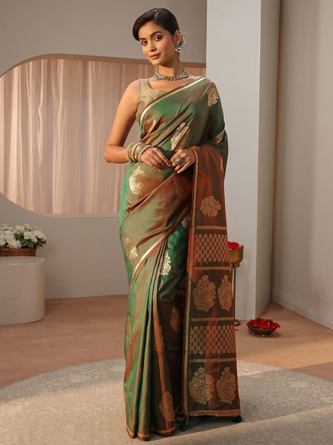 Libas Womens Green Regular Fit Floral Silk Blend Saree-picture-16