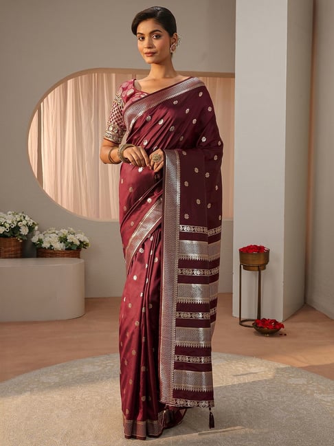 Libas Womens Maroon Regular Fit Floral Silk Blend Saree-picture-22