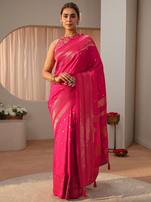 Libas Womens Pink Regular Fit Floral Silk Blend Saree-picture-20