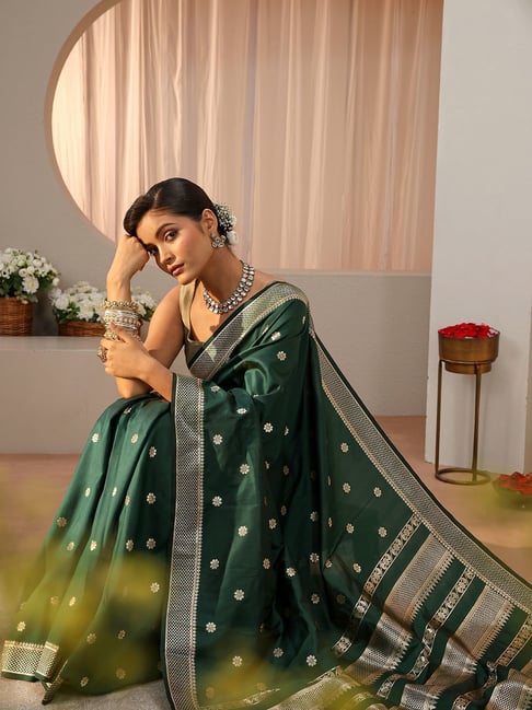 Libas Womens Green Regular Fit Floral Silk Blend Saree-picture-18