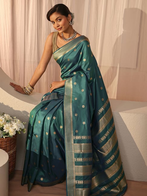 Libas Womens Green Regular Fit Floral Silk Blend Saree-picture-33