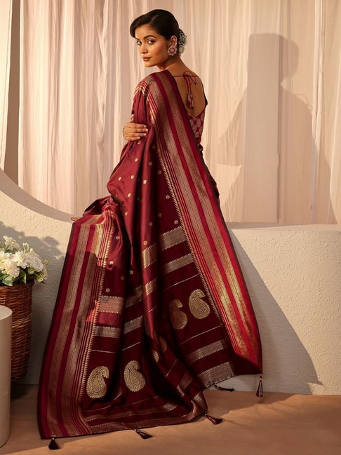 Libas Womens Maroon Regular Fit Floral Silk Blend Saree-picture-18
