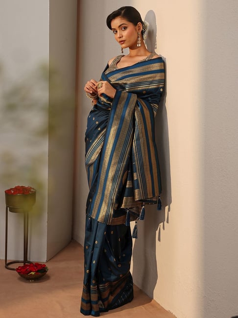 Libas Womens Navy Blue Regular Fit Floral Silk Blend Saree-picture-23