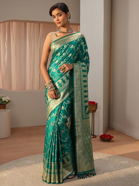 Libas Womens Green Regular Fit Floral Silk Blend Saree-picture-31