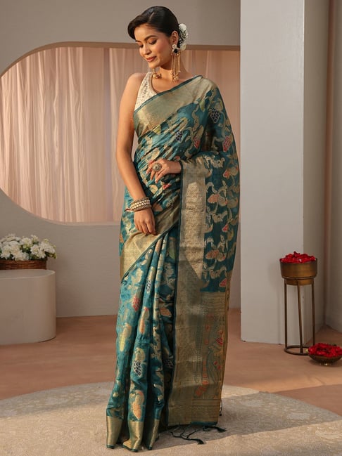 Libas Womens Blue Regular Fit Floral Silk Blend Saree-picture-25