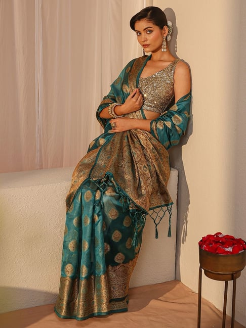 Libas Womens Blue Regular Fit Ethnic Motifs Silk Blend Saree-picture-38