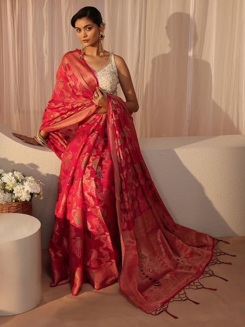 Libas Womens Pink Regular Fit Floral Silk Blend Saree-picture-23