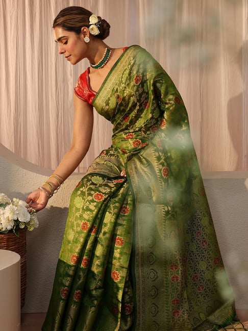 Libas Womens Green Regular Fit Floral Silk Blend Saree-picture-35