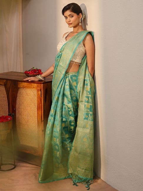 Libas Womens Green Regular Fit Floral Silk Blend Saree-picture-32