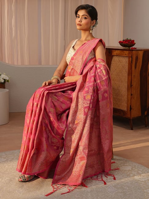 Libas Womens Pink Regular Fit Floral Silk Blend Saree-picture-19