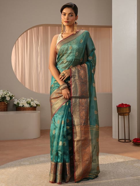 Libas Womens Blue Regular Fit Ethnic Motifs Silk Blend Saree-picture-39