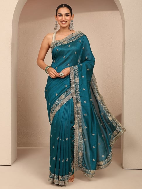 Libas Womens Teal Regular Fit Floral Silk Blend Saree-image-24
