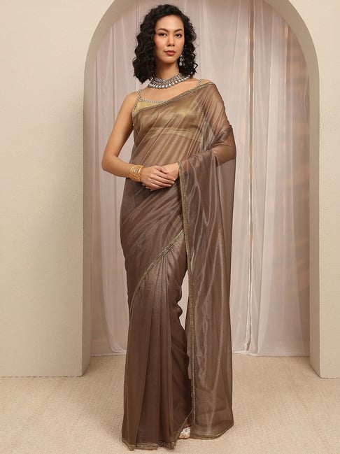 Libas Womens Brown Regular Fit Solid Net Saree-image-22