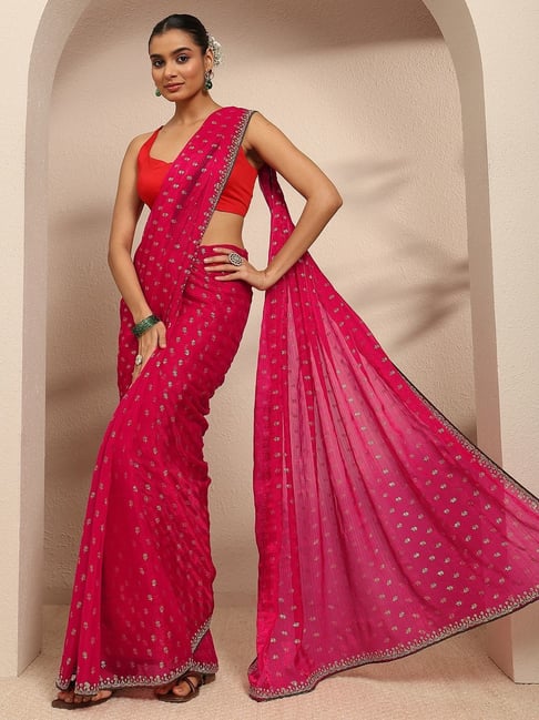 Libas Womens Pink Regular Fit Floral Silk Blend Saree-picture-24