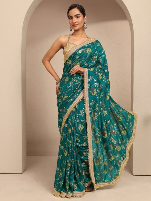 Libas Womens Blue Regular Fit Ethnic Motifs Silk Blend Saree-picture-32