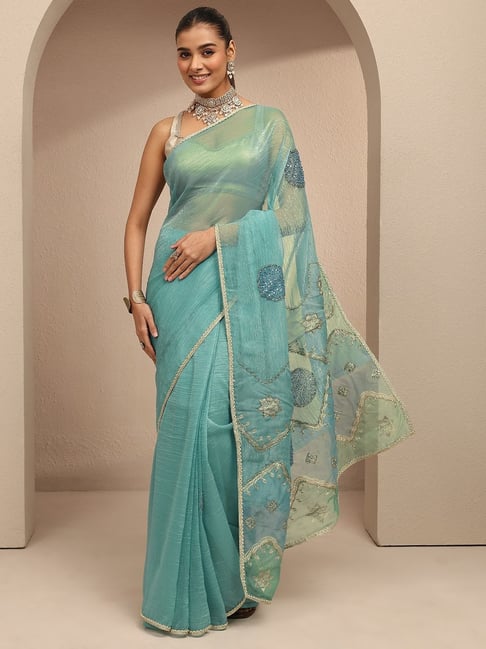 Libas Womens Blue Regular Fit Ethnic Motifs Silk Blend Saree-picture-26