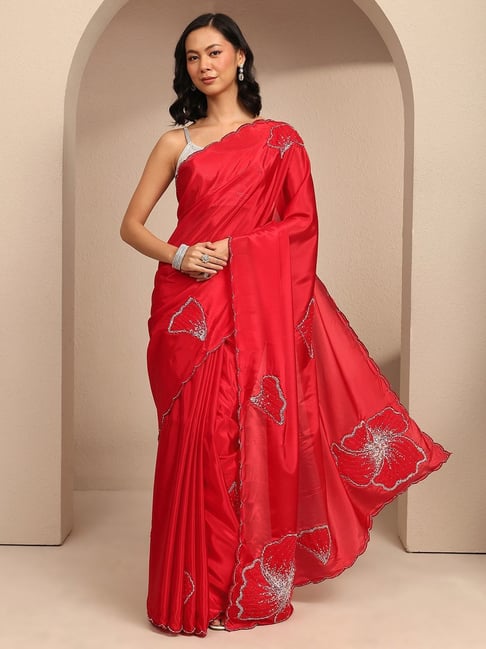 Libas Womens Red Regular Fit Floral Silk Blend Saree-image-47