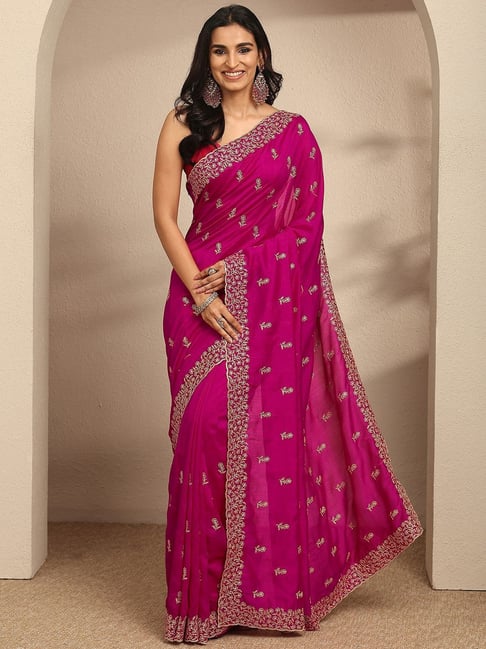 Libas Womens Pink Regular Fit Floral Silk Blend Saree-picture-21