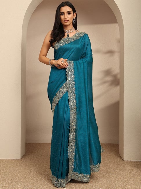 Libas Womens Blue Regular Fit Embellished Silk Blend Saree-picture-36