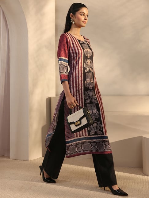 Libas Womens Maroon Straight Fit Striped Cotton Blend Kurta-picture-13