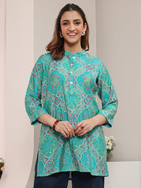 Libas Womens Blue Straight Fit Ethnic Motifs Silk Blend Kurti-picture-17