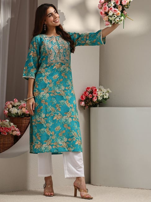 Libas Womens Blue Straight Fit Floral Silk Kurta-picture-16