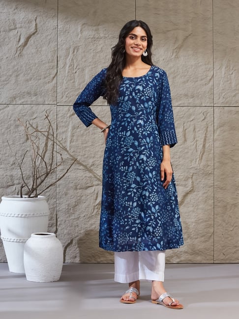 Fabindia Navy Blue Printed Kurta With Dupatta-picture-48