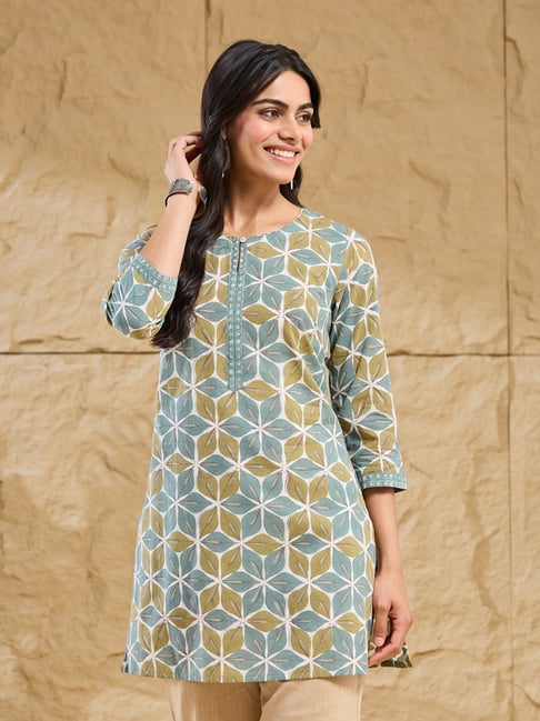 Fabindia Teal Cotton Printed Short Kurta-image-14