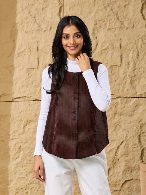 Fabindia Brown Wool Striped Jacket-picture-34