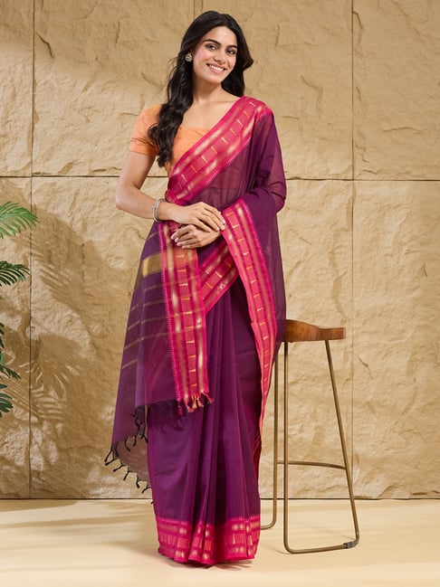 Fabindia Purple Woven Design Saree With Unstitched Blouse-picture-39