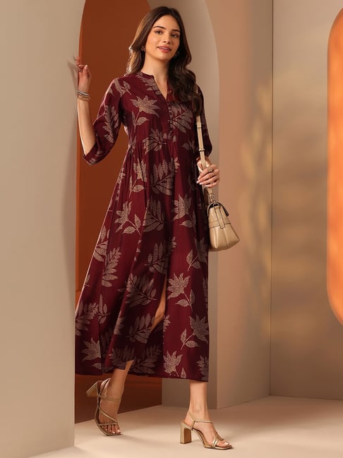 Libas Womens Maroon Flared Fit Floral Silk Blend Dress-picture-19