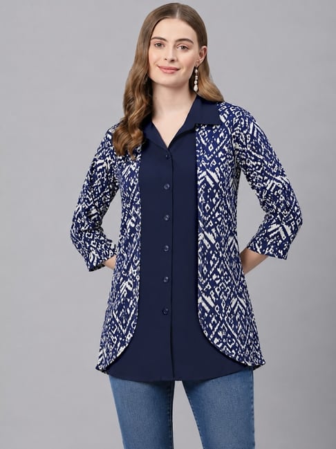 Cottinfab Navy Blue Abstract Three-Quarter Sleeves Casual Shirt-picture-42
