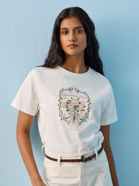 LOV by Westside White Floral Printed Cotton T-Shirt