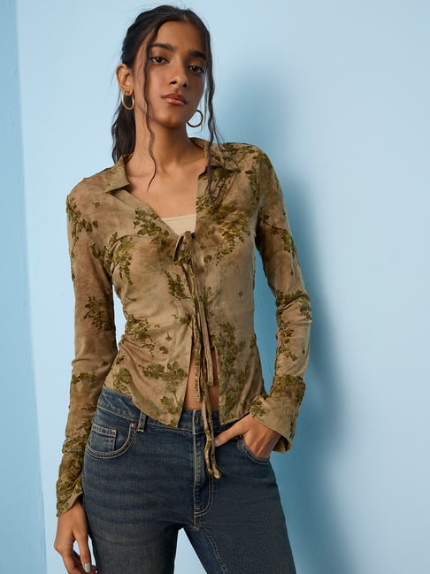 Nuon by Westside Olive Botanical Textured Tie-Up Blouse with Inner
