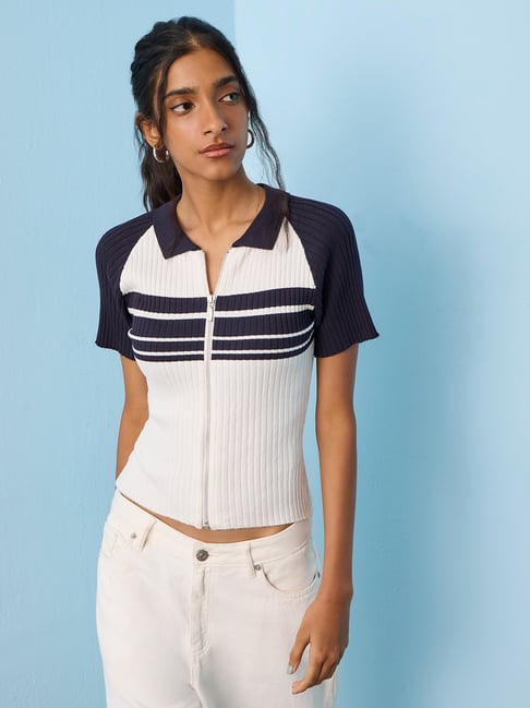 Nuon by Westside White and Navy Striped Top