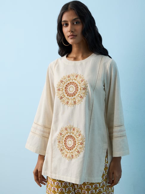 Utsa by Westside Off White Embroidered Cotton-Blend Tunic-picture-27