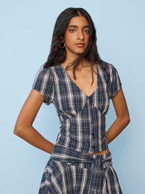Nuon by Westside Navy Plaid Checkered Printed Cotton Top