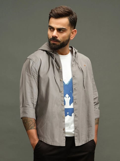 Wrogn Mens Grey Relaxed Solid Cotton Hooded Shirt-picture-14