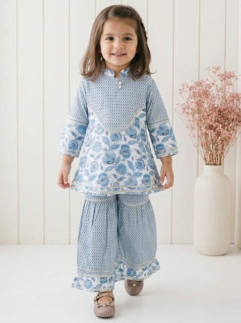READIPRINT Blue Printed Three-quarter Sleeves Kurta with Sharara-picture-26