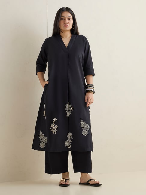 Diza by Westside Black Embroidered Cotton-Blend A-Line Kurta-picture-19